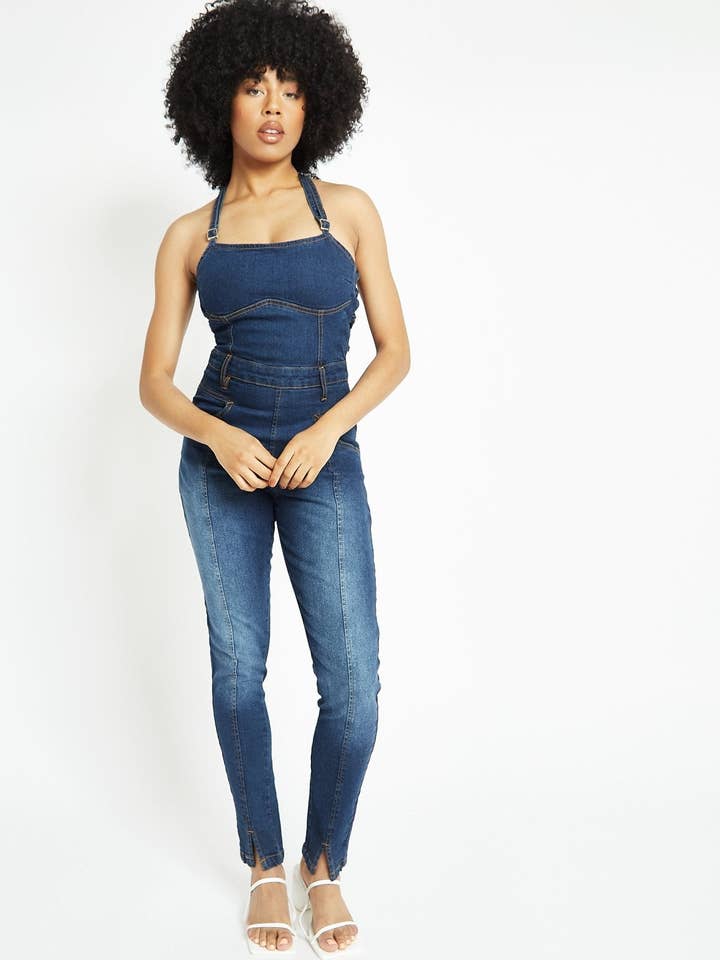 Isla Sleeveless Denim Jumpsuit – Mid Blue for wholesale by JMOJO UK Limited