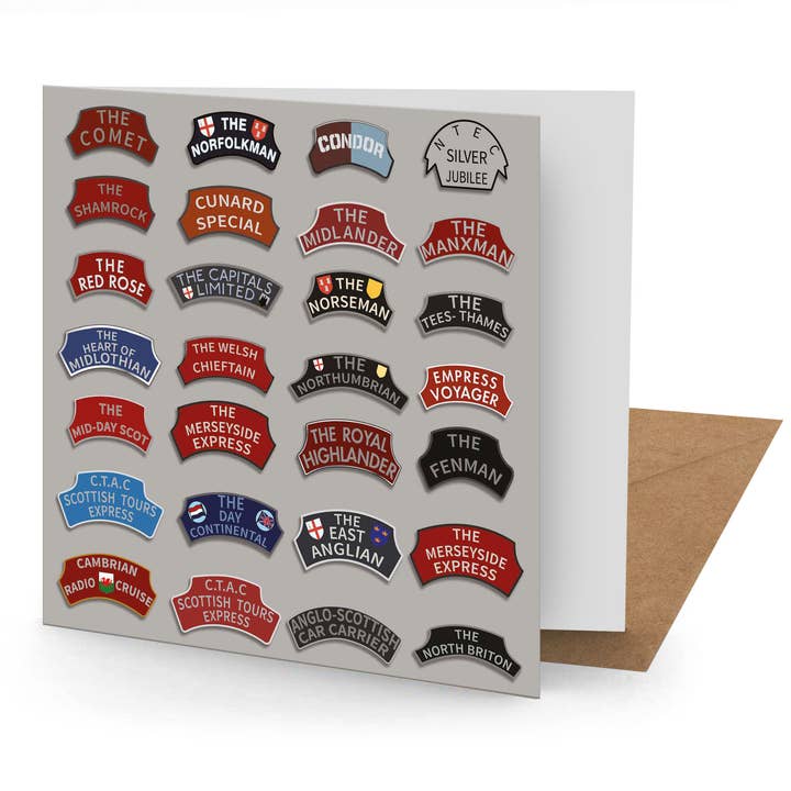 Tarjeta de Felicitación con Placas de Nombre de Trenes de Vapor (150x150 en Blanco) para venta al por mayor de Coach House Partners