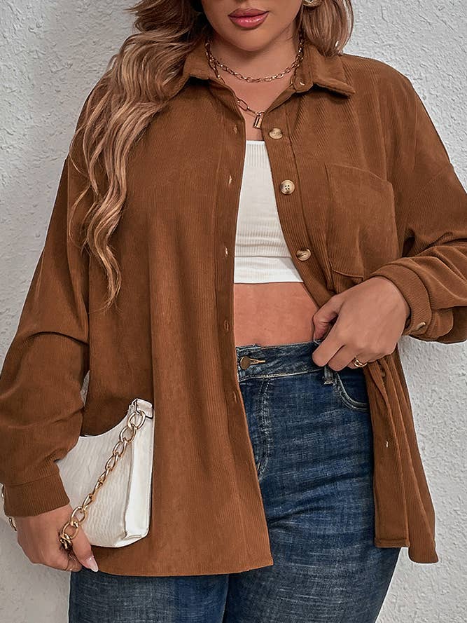 Chemise grande taille en velours côtelé marron CN002 pour la vente par UNISHE