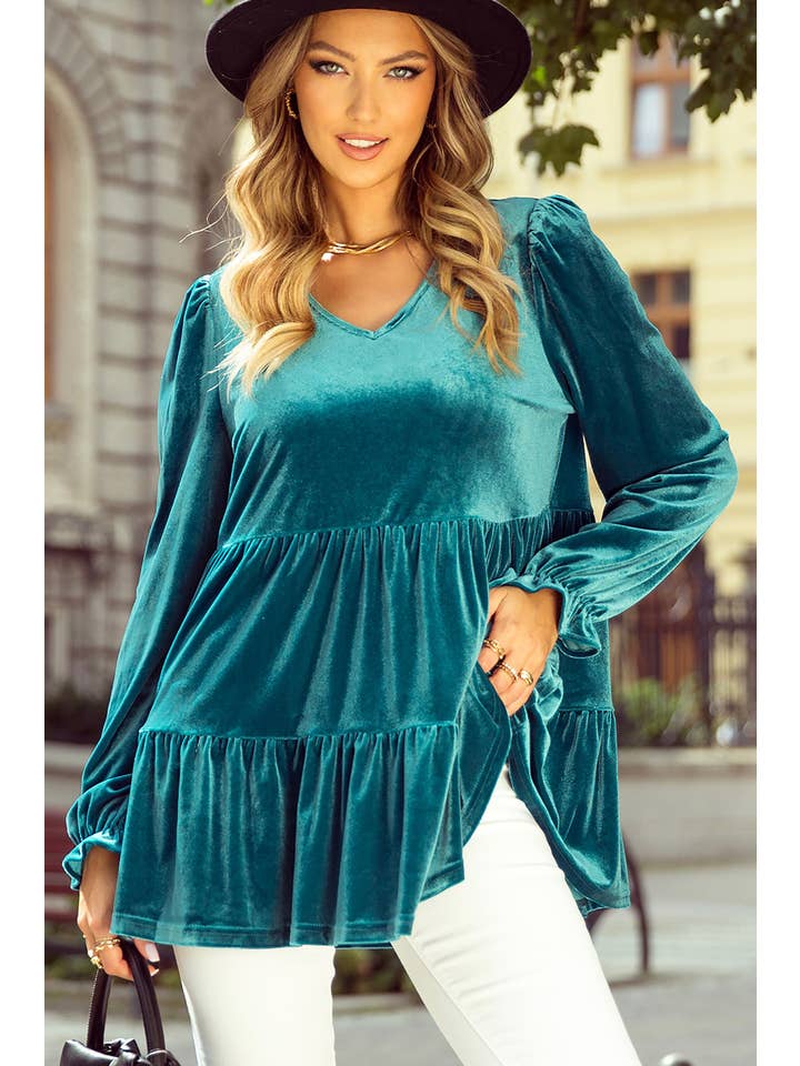 Sea Green Velvet V Neck Peplum Hem Puff Sleeve Blouse for wholesale on Faire2