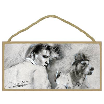 Elvis singing with a hound dog (black & white) for wholesale by SJT Enterprises, Inc.