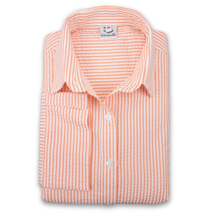 Salamander Shirts Ltd – wholesale Buttoned-down shirt – Women's – Grenouille 3/4 Sleeve Orange Stripe Seersucker Shirt