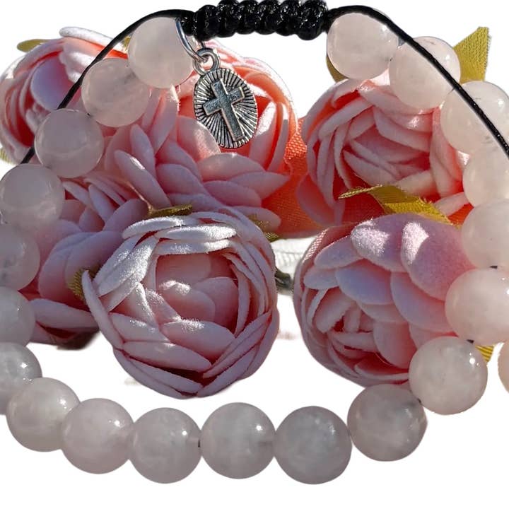 Gemstone - Genuine ROSE QUARTZ Bracelet w/ Cross Charm 7" for wholesale by Oremus Mercy
