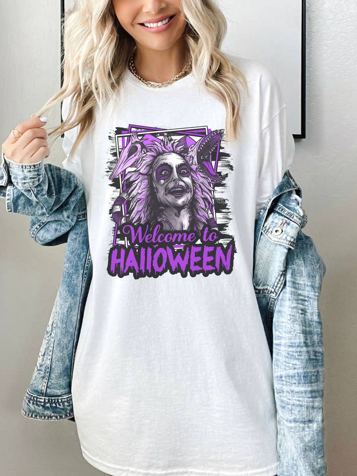 SONDO DESIGN LTD - Venta al por mayor Camiseta estampada - Mujer - Camiseta Welcome To Beetlejuice, camisa de Tim Burton para Halloween