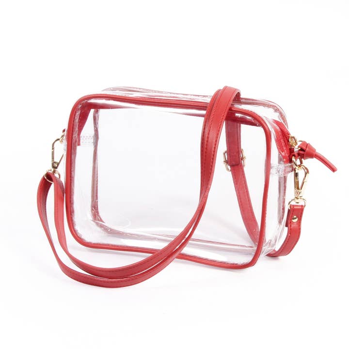 Sac à main transparent Bridget avec bordure en cuir végétalien et bretelles - Crimson pour la vente par Desden