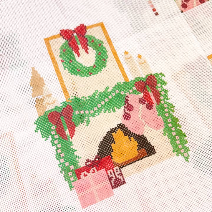 Cotswold Co Designs - Wholesale Embroidery/Cross Stitch Supplies - Hand Painted Christmas Fireplace Needlepoint Canvas 8” Needlepoint Canvas 18 Mesh  Needlepoint Canvas Christmas Hand Painted4