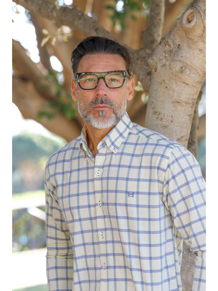 Custi Mikelo: Men's Clothing & Christmas Gifts – Engroshandel Skjorte med buttondown – Mænd – Gul Skjorte Blåt Ternet | Madrid