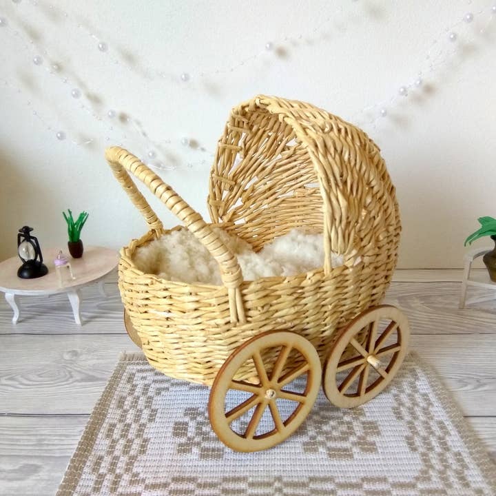 Lenasminiland - Wholesale Doll Accessory Kit - Kids - Miniature baby carriage, rattan look wicker doll stroller wi