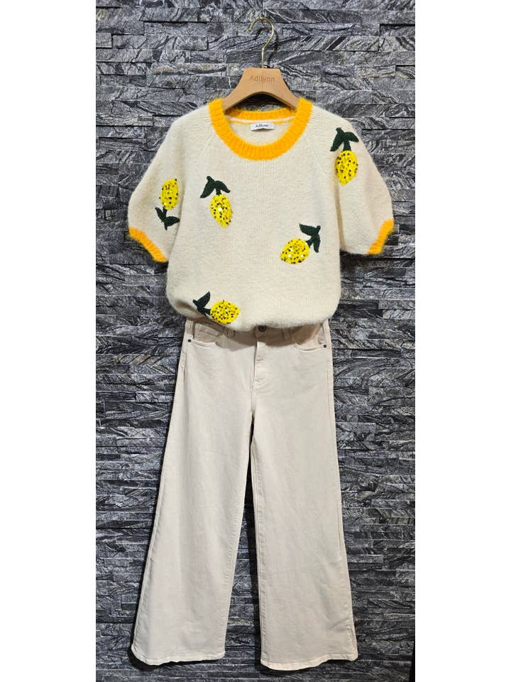 Ecru Knit sweater with lemon embroidery and sequins PT10043 for wholesale on Faire2