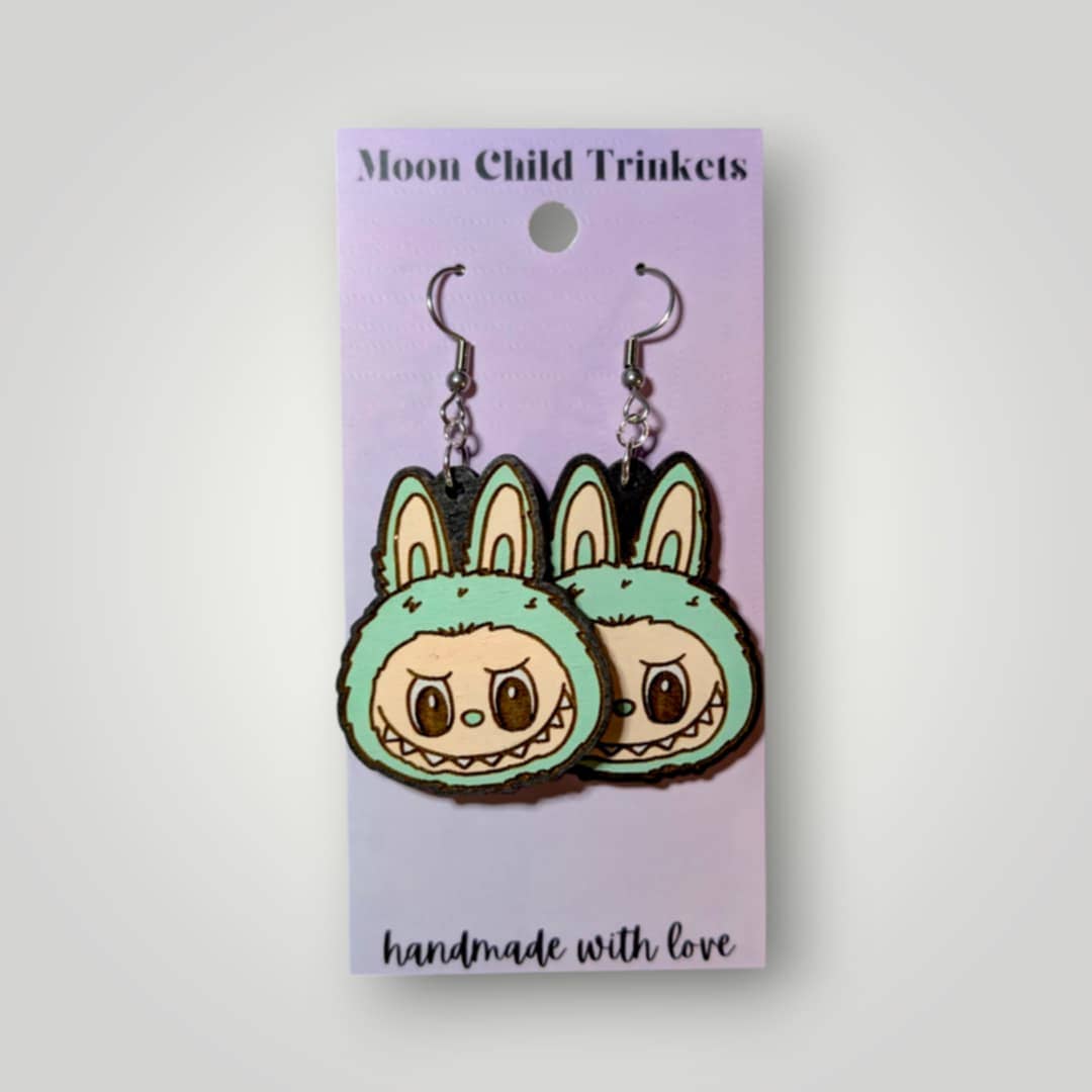 Moon Child Trinkets - Wholesale Dangle Earrings - Labubu Monster Head Hand Painted Wood Earrings4