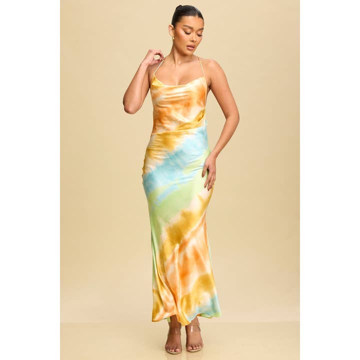 GREEN MULTI PASTEL TIE-DYE COWL NECK MAXI DRESS for wholesale on Faire