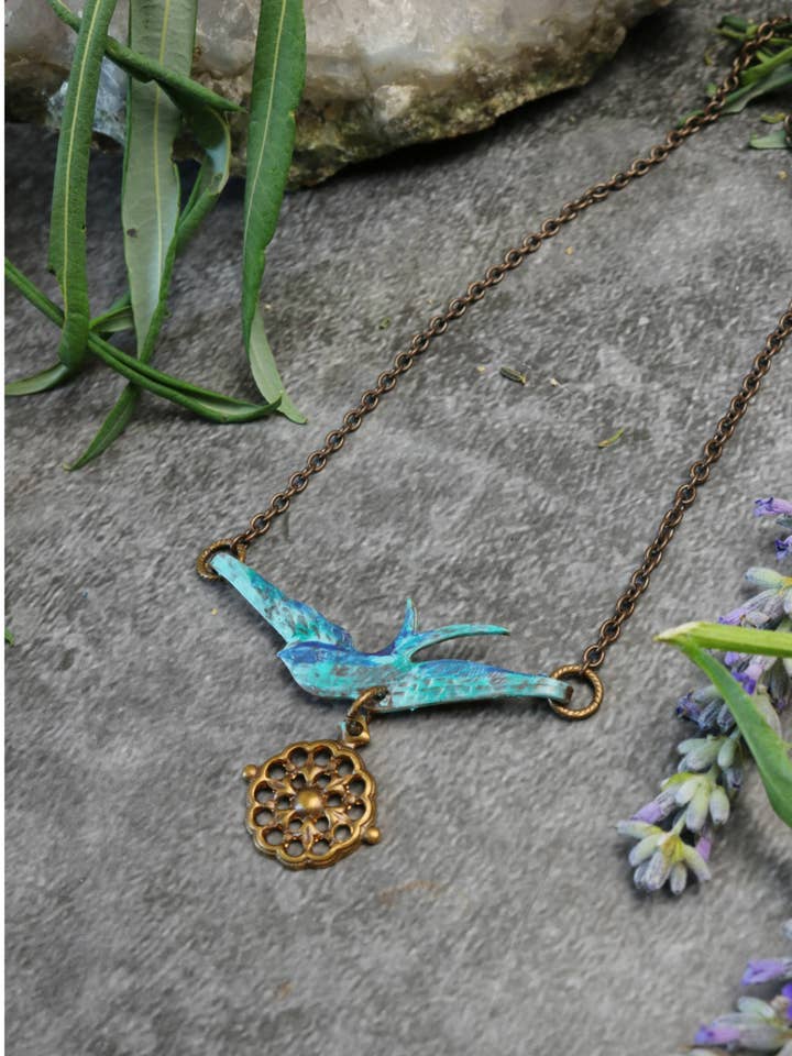 Compass Sparrow Necklace - Handmade Patina for wholesale by The Sunstone on Main