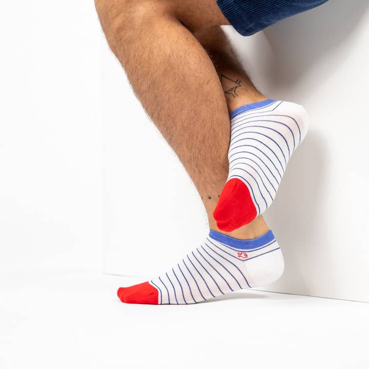 BILLYBELT - Wholesale Socks - Men's - Fine striped ankle socks - White, blue striped2
