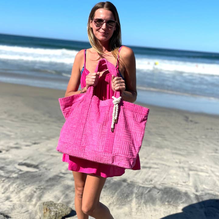 Bette - Wholesale Tote Bag - Women's - Rosa Pink Terry Cloth Weekender Bag Set w/ Waterproof Clutch12