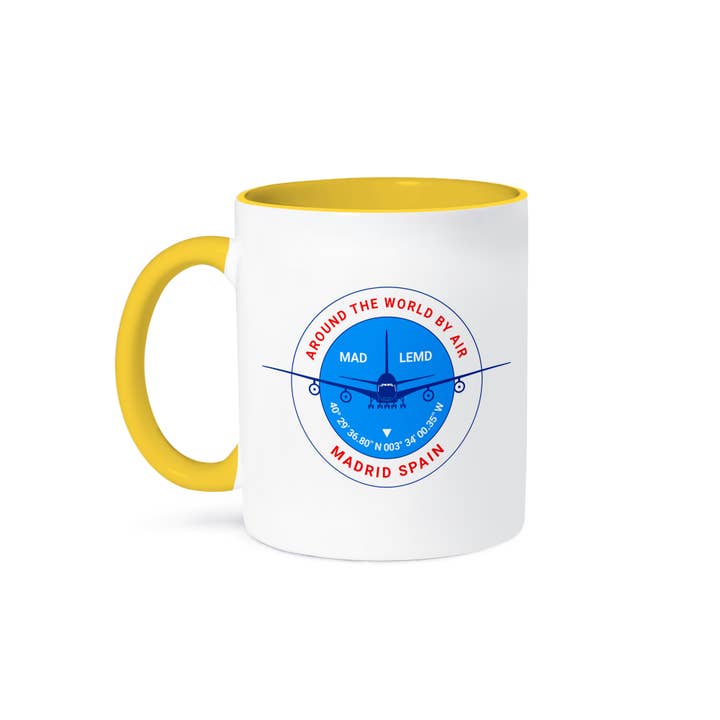 3dRose - Wholesale Coffee Mug - 3dRose, Round badge, a blue airliner. Red text Madrid Spain, coordinates, Mug