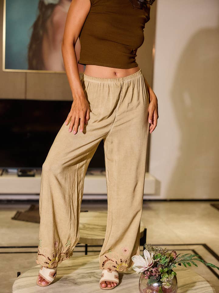 Beige Fluid pants with openwork embroidery, loose fit for wholesale on Faire0