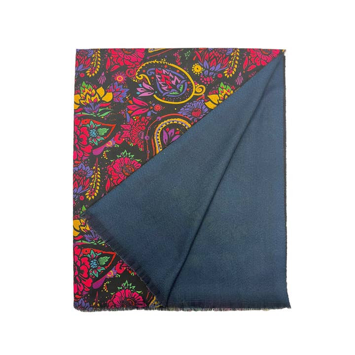 Black Indian Inspired Bold Floral & Paisley Wool Frayed Scarf for wholesale on Faire1