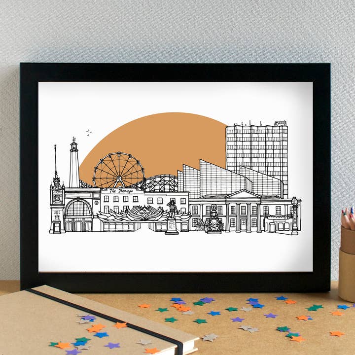 Margate Skyline Landmarks Art Print - unframed for wholesale by Becka Griffin Illustration