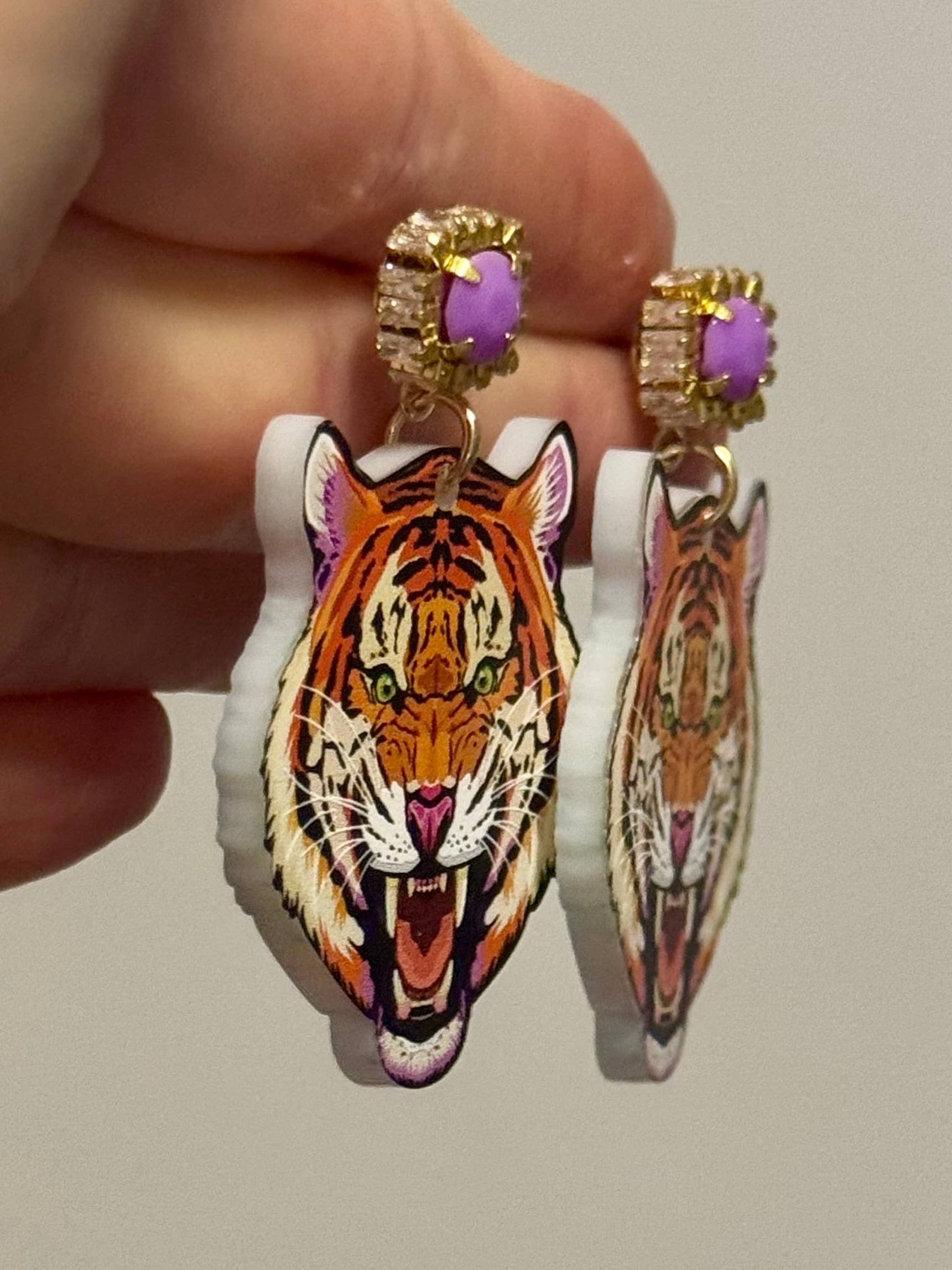 Louie Love - Wholesale Dangle Earrings - Gold Purple Acrylic Gameday LSU Tiger Face Earrings2