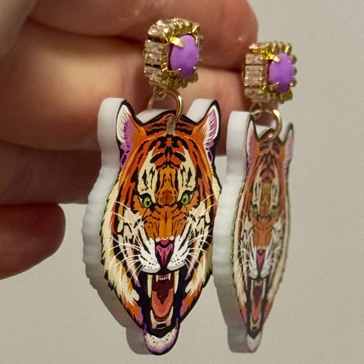 Louie Love - Wholesale Dangle Earrings - Gold Purple Acrylic Gameday LSU Tiger Face Earrings2