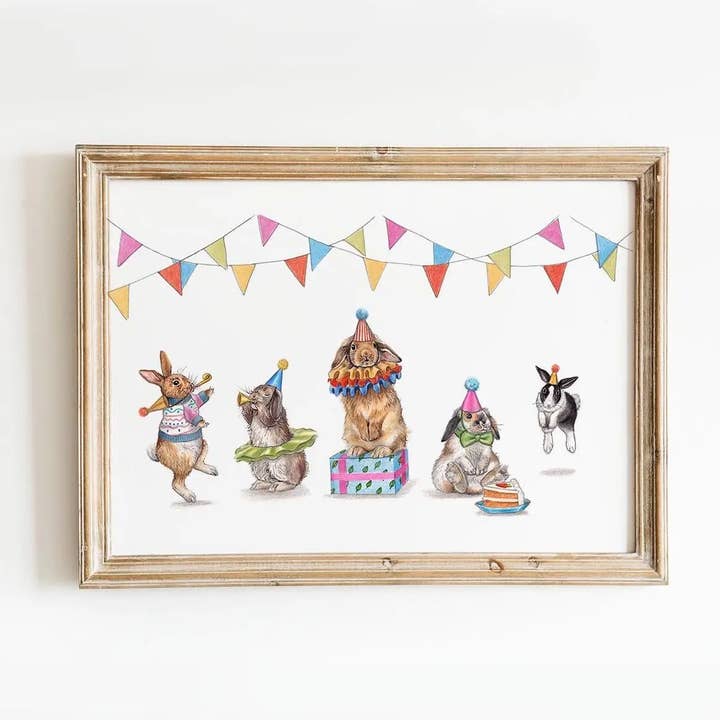 Impression artistique Rabbit Party | Décoration murale en forme de lapin | Crèche pour la vente par Beth Goodwin Designs
