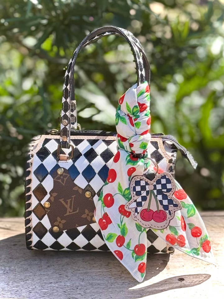 Upcycled LV Black White Checkered Leather Speedy Bag Cherry for wholesale by Southern Junkie Gypsy Boutique