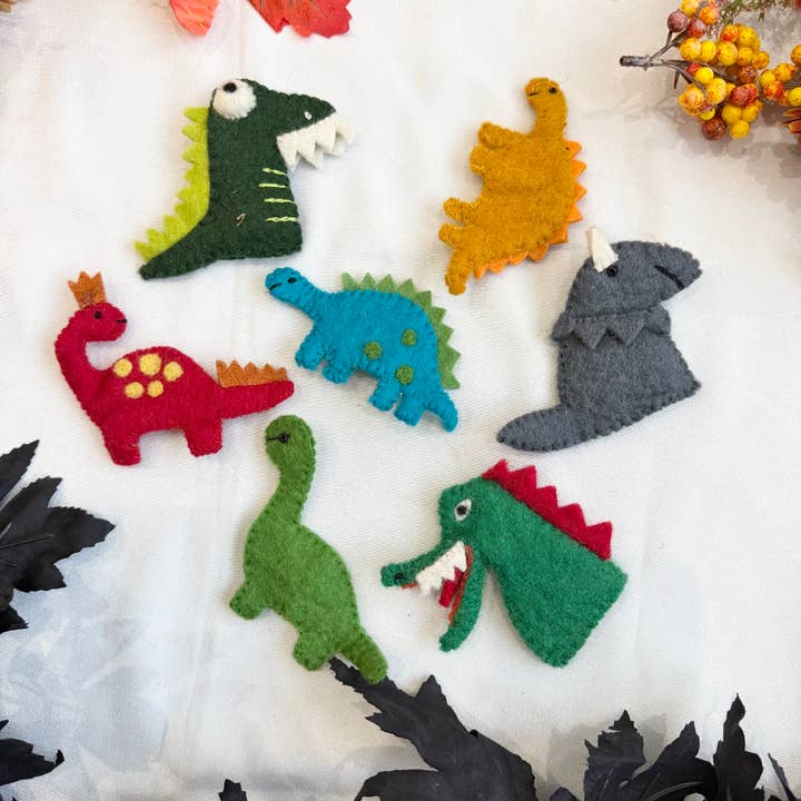 Handmade Felted Dinosaur Finger Puppet for wholesale by Karma Nepal Crafts