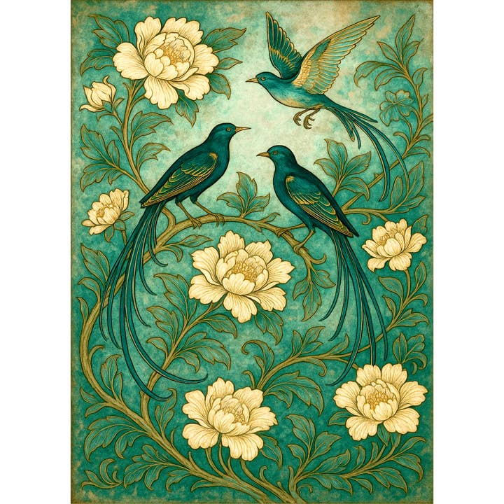 Papiers de riz verts fantaisie avec oiseaux, 11,5 x 16 pouces (A3+) pour la vente par Craft Kreatively