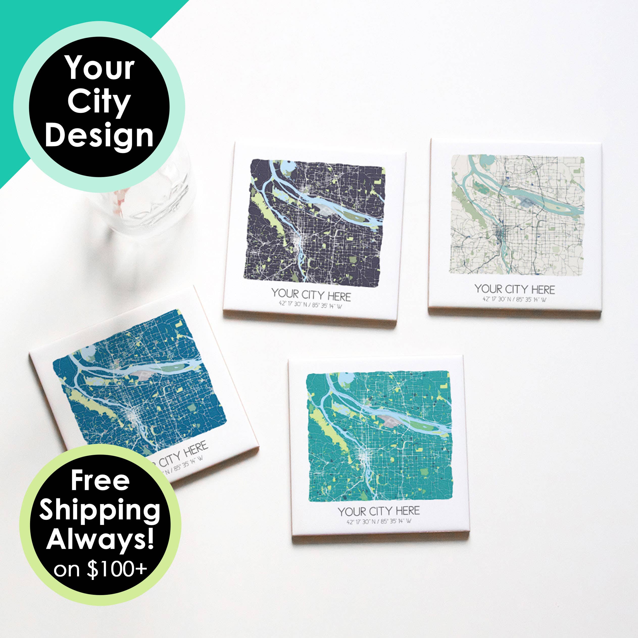 Watercolor City Map Coasters - Your City - Custom Order for wholesale by Sparks House Co.