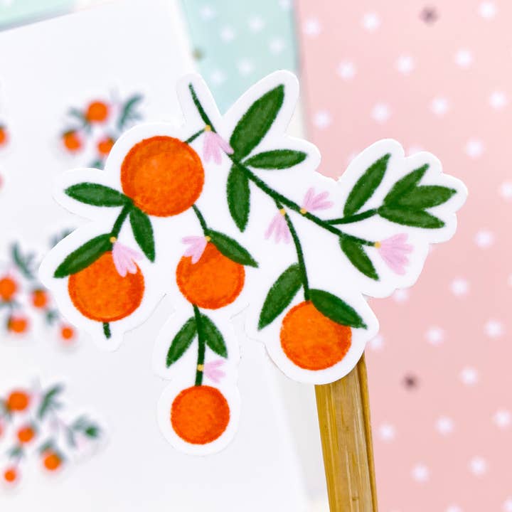Autocollant imperméable aux fruits orange esthétiques pastel pour la vente par Simply Bella Handmade