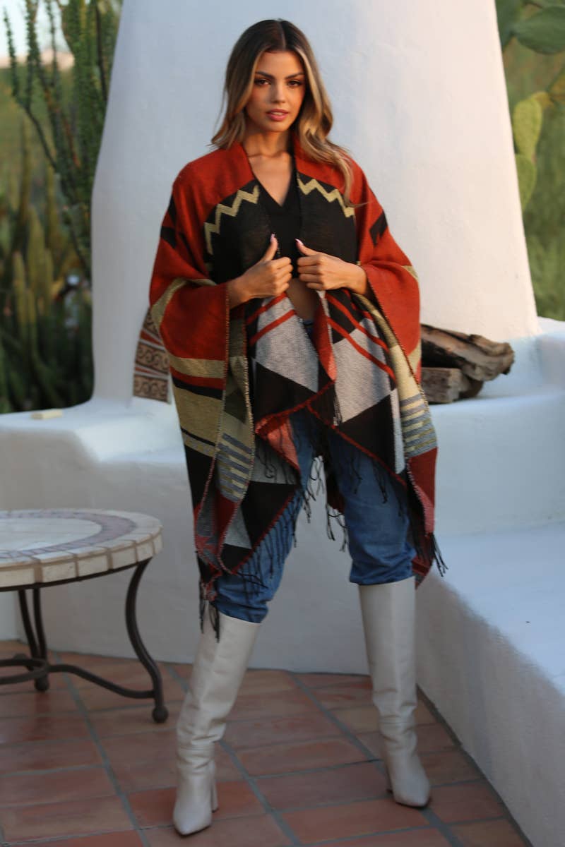 ANGIE – wholesale Poncho – Women's – SJB66-ASIS GEO SW DESIGN PONCHO WRAP WITH FRINGE HEM1