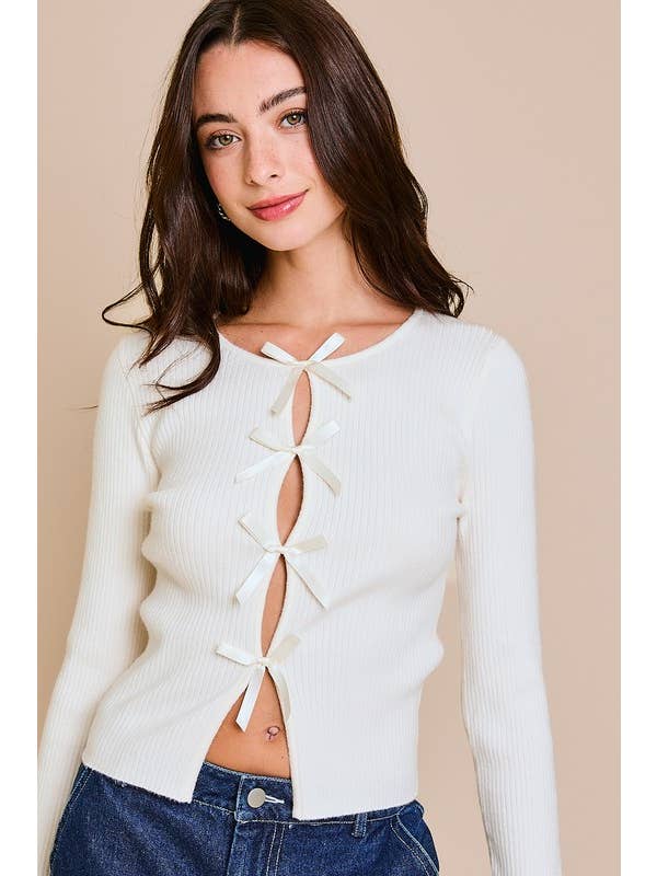 LE LIS - Wholesale Knit Top - Women's - Long Sleeve Satin Bow Detail Sweater Top