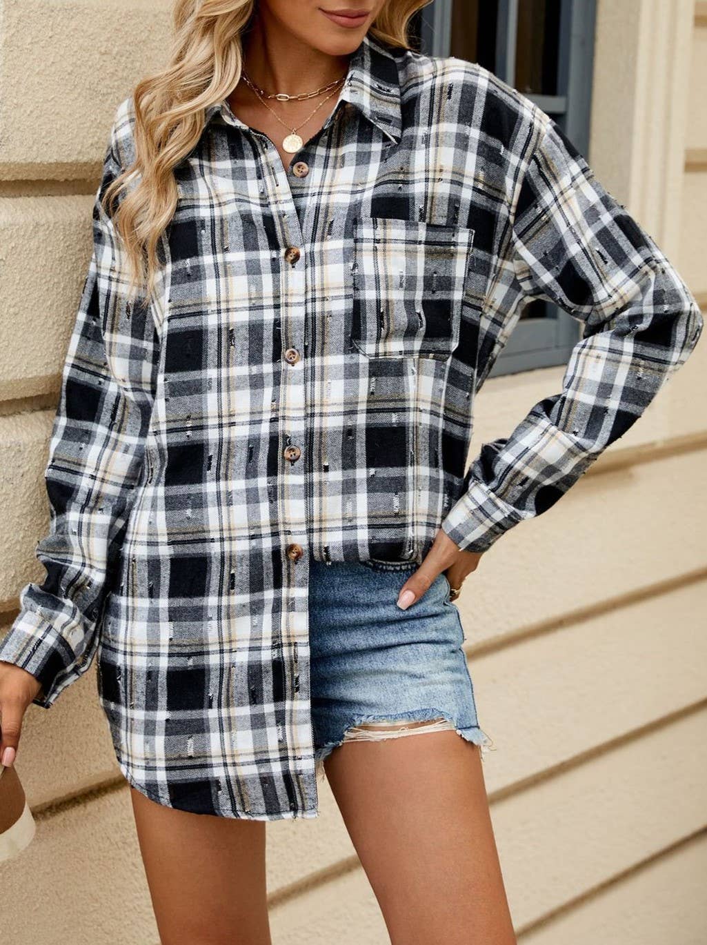 Rosa Clothing - Wholesale Button Down Shirt - Women's - Vintage Long-Sleeved Loose-Lapel Plaid Shirt3