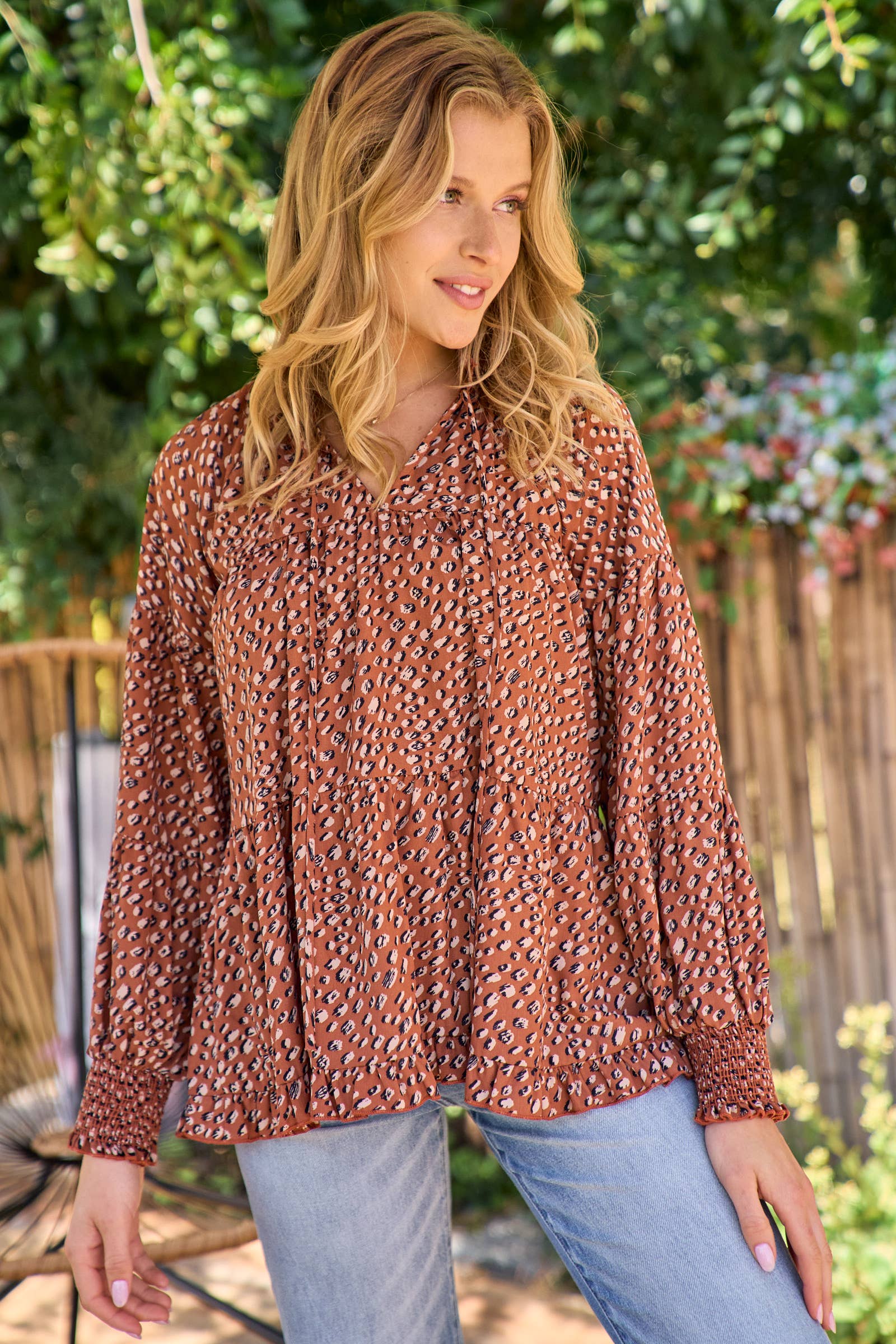 Brown Long sleeve baby doll blouse-IT9367 for wholesale on Faire3