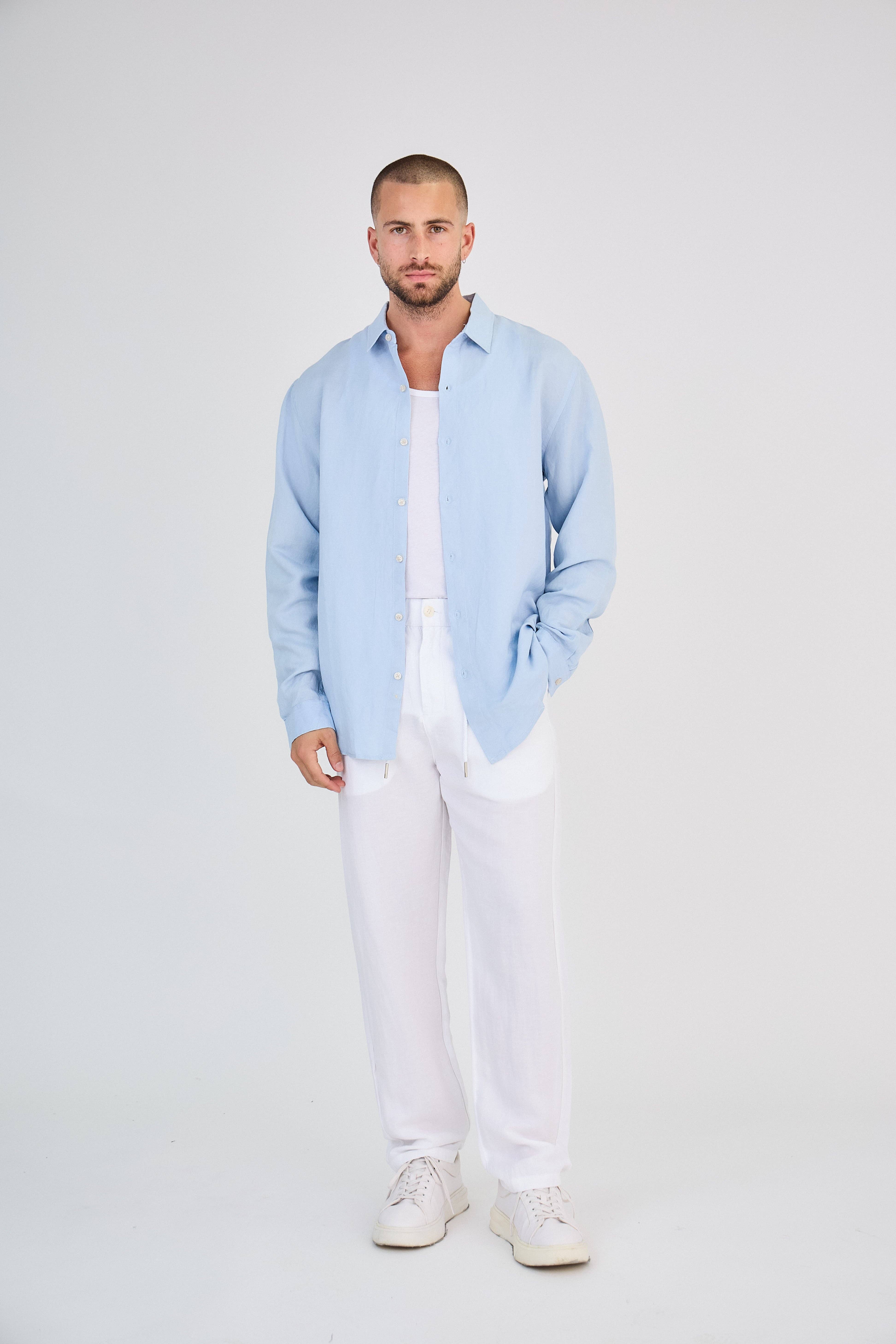 TOP MONDAY - Wholesale Shirt - Men's - Light Blue Long Sleeve Linen Shirt0