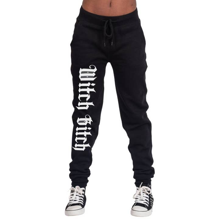 Black White Witch Bitch Fleece Sweatpants for wholesale on Faire