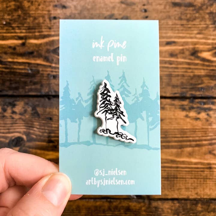 Ink Pine Tree Enamel Pin for wholesale by Art by Sj Nielsen