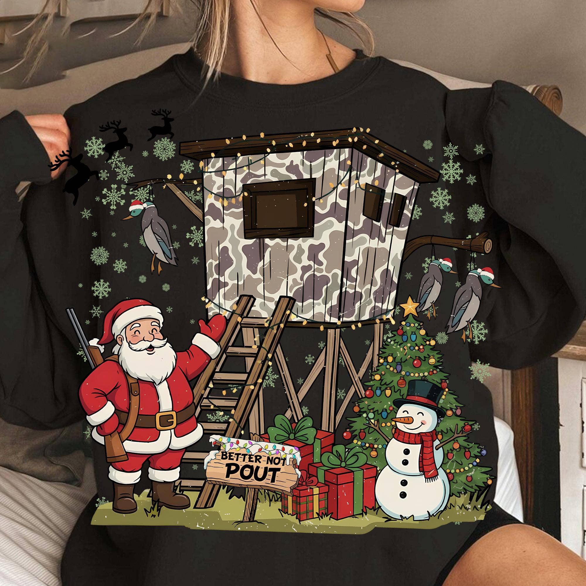 NVC Ecommerce LLC – wholesale T-shirt (graphic) – women's – Better Not Pout Christmas Shirt, Boys  Santa Hunter Sweater2