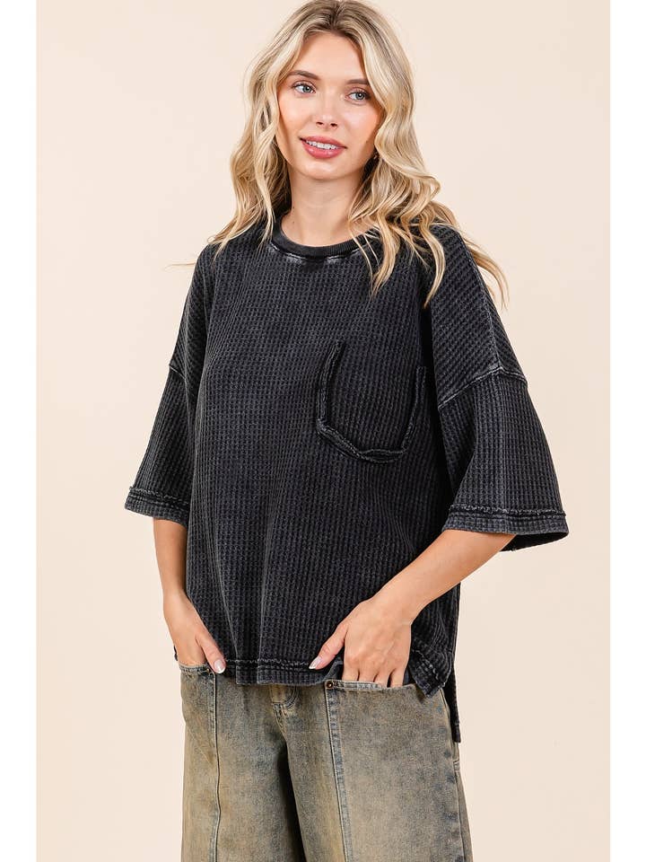 MINERAL WASH VÅFFELSTICKAD KORTÄRMAD TOPP för wholesale av mittoshop