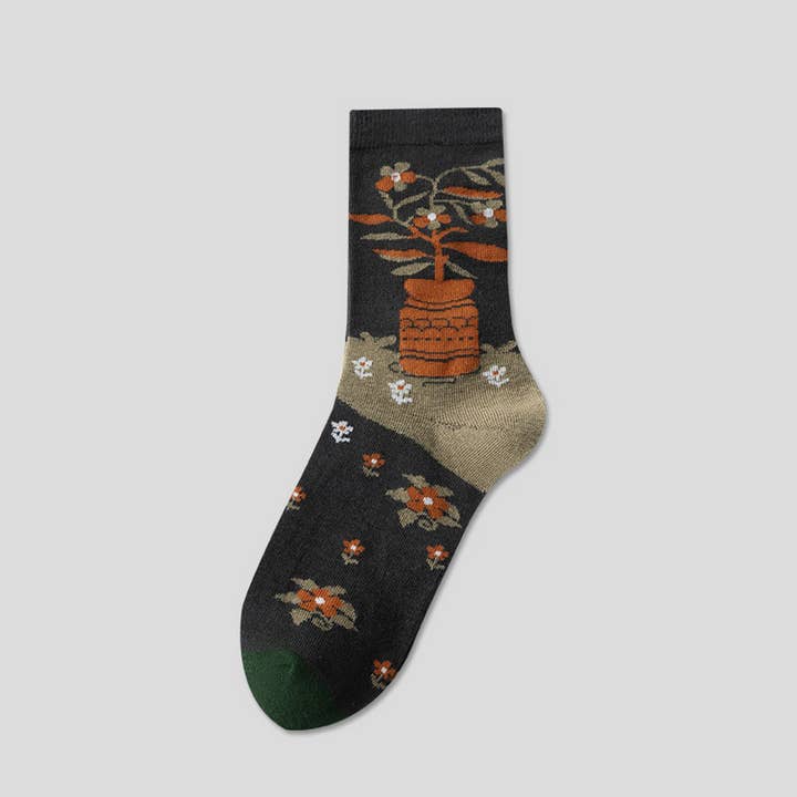 NINEXIS - Wholesale Socks - Women's - CWMS02748_VINTAGE ART FLORAL CREW SOCKS WOMEN AESTHETIC