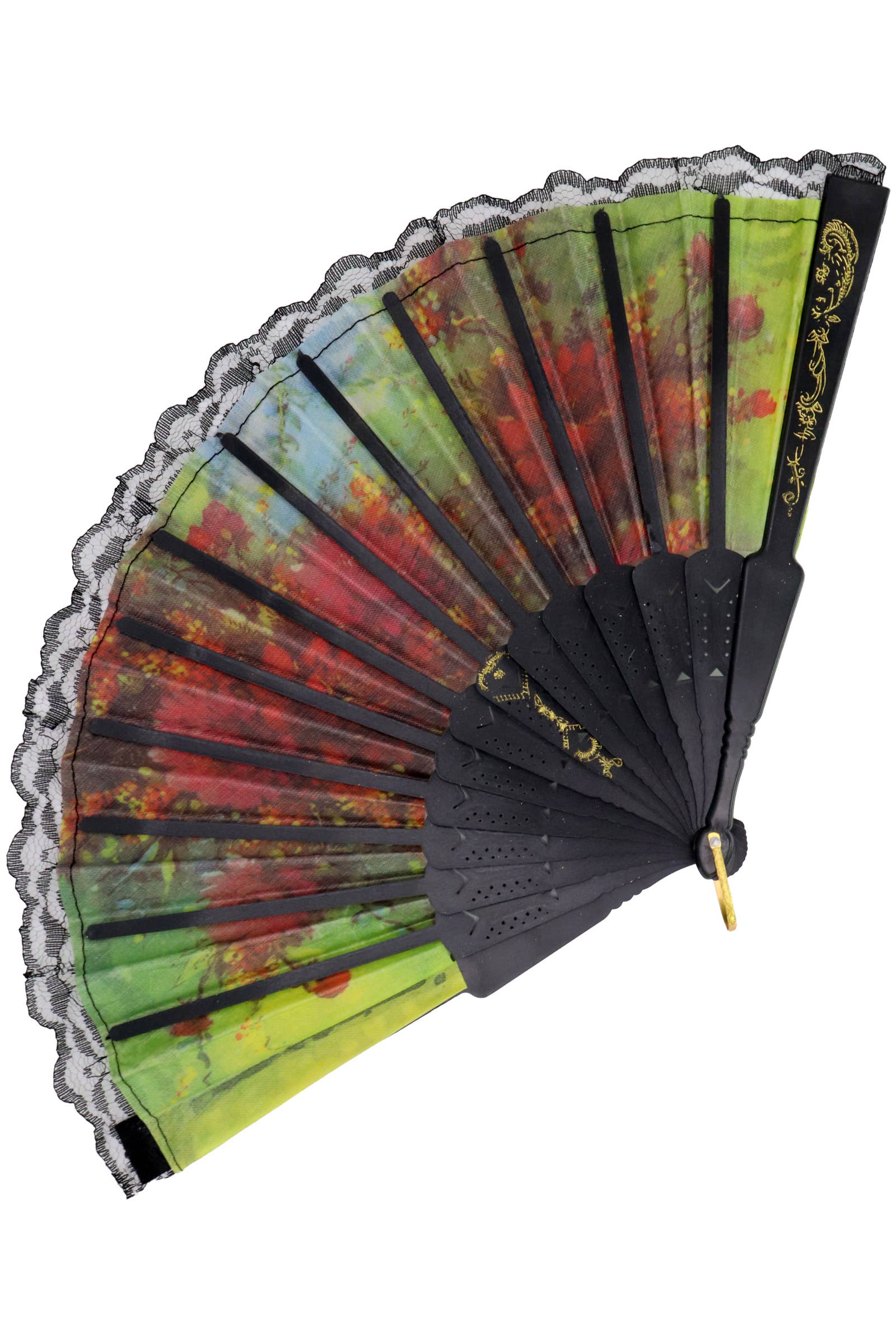 Cap Zone - Wholesale Handheld Folding Fan - Sheer Floral Black Lace Trim Hand-Held Folding Fan4