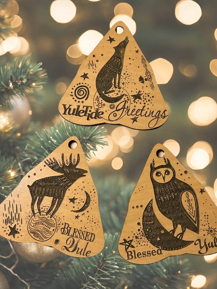 Yule / Winter Solstice Circle Ornaments (Planchette Shape) for wholesale by Corkscrew Curiosities