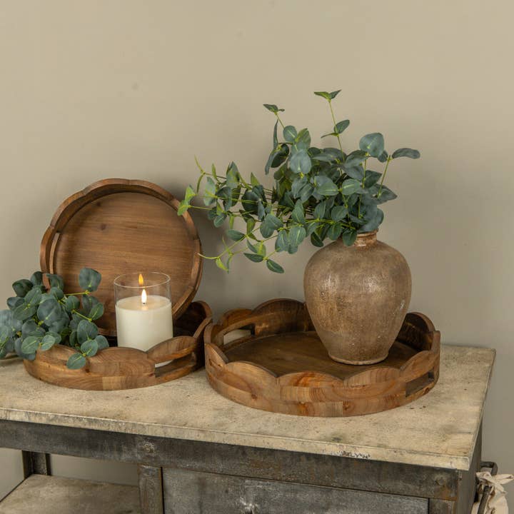 SET/ 3 SCALLOPED ROUND WOOD TRAYS for wholesale by Ragon House