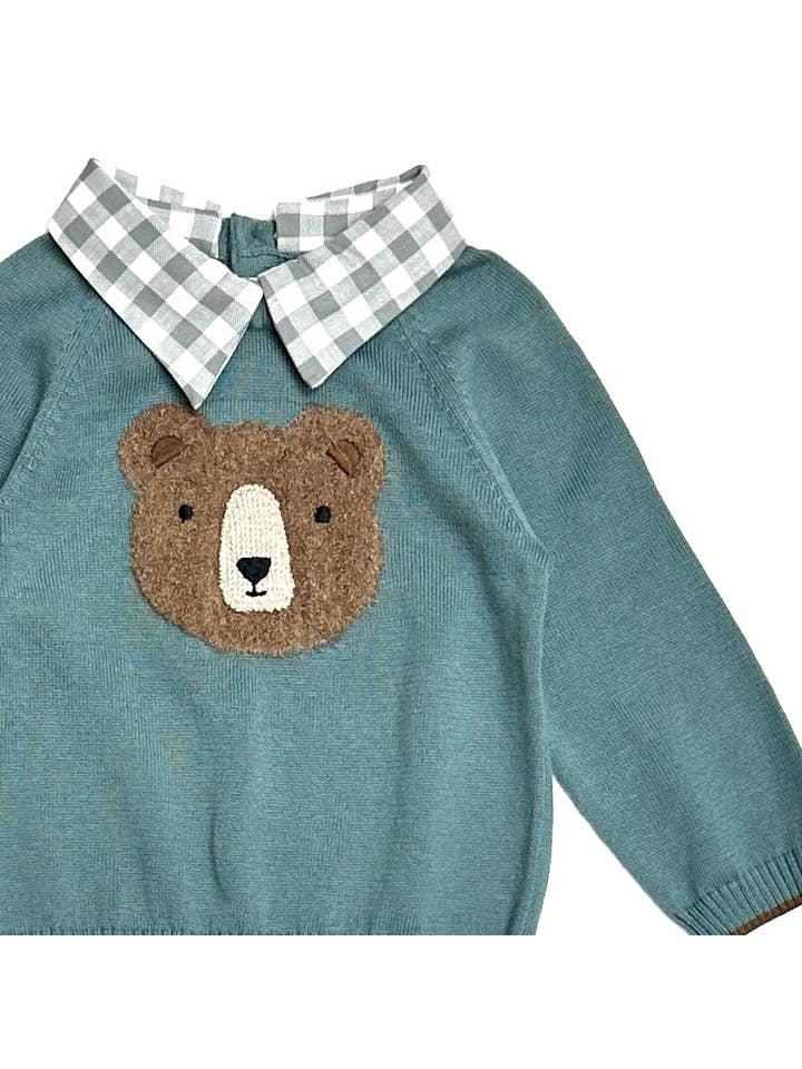 Teal Blue Bear Check Collar Pullover Baby Sweater (Organic Cotton) for wholesale on Faire