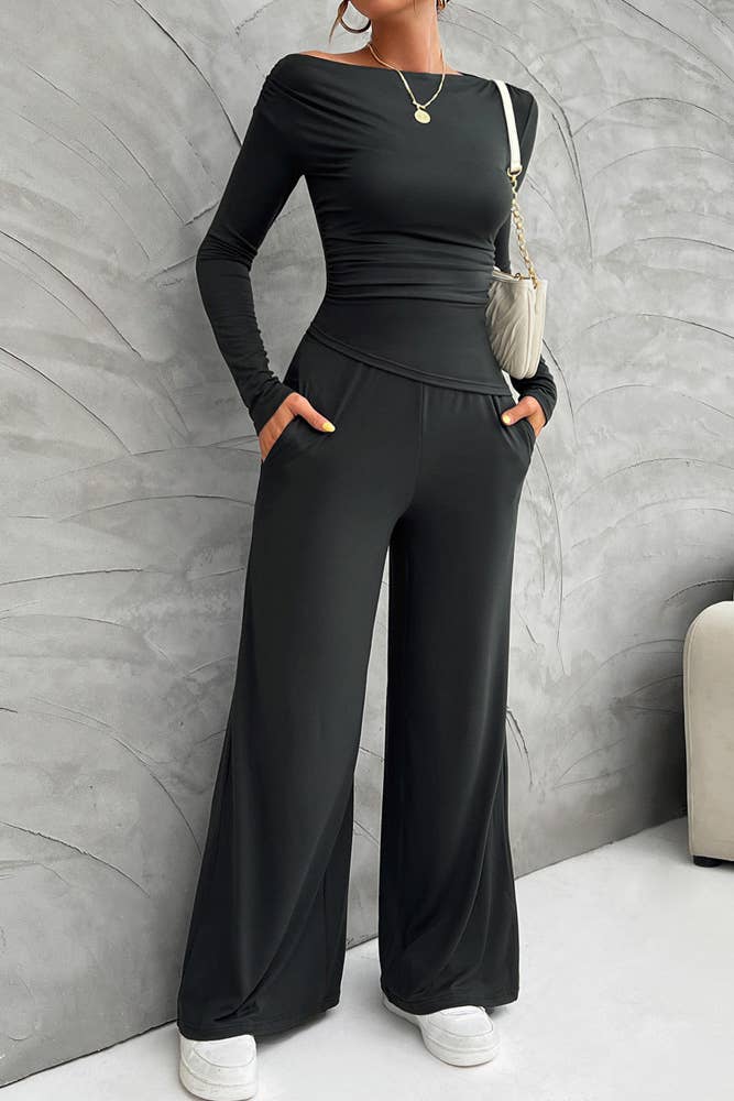 UNISHE - Wholesale Top & Pant Set (NOT Loungewear) - Women's - Casual Elegance Long Sleeve Top and Wide Leg Pants Set DY17511