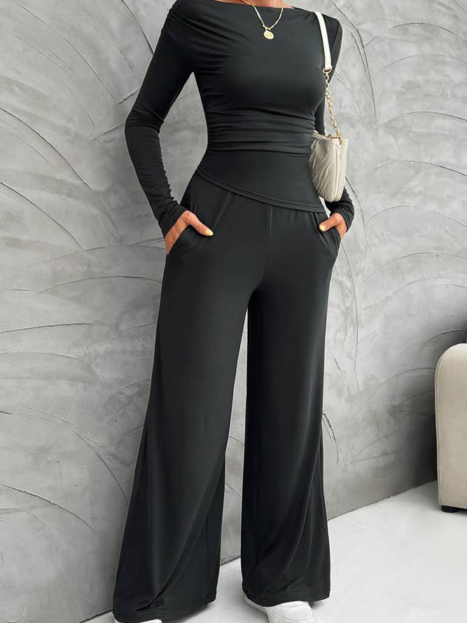 UNISHE - Wholesale Top & Pant Set (NOT Loungewear) - Women's - Casual Elegance Long Sleeve Top and Wide Leg Pants Set DY17511