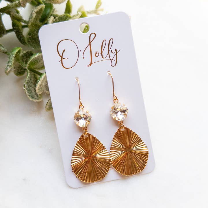 Clear Stone w/Gold Textured Teardrop Earrings “Kaylee” for wholesale by O’Lolly Jewelry