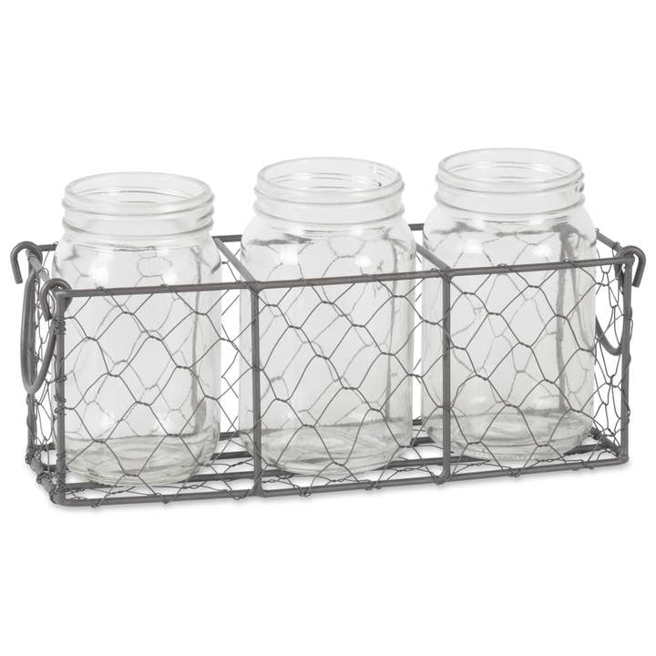 Vintage Grey Chickenwire Flatware Caddy With Clear Jars for wholesale by Welcome Home Unbeatable Deals