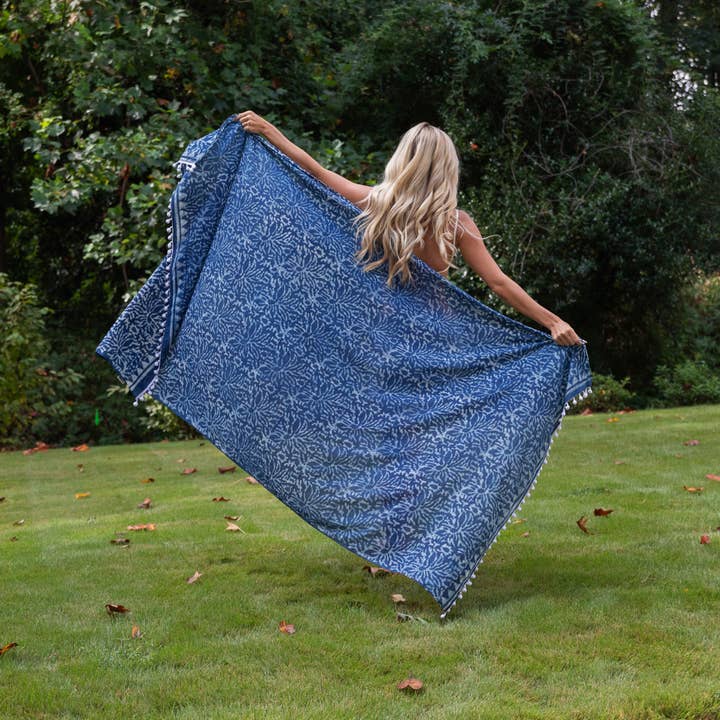 Handcrafted Cotton Sarong - Navy Abstract Leaf for wholesale by Anju Jewelry