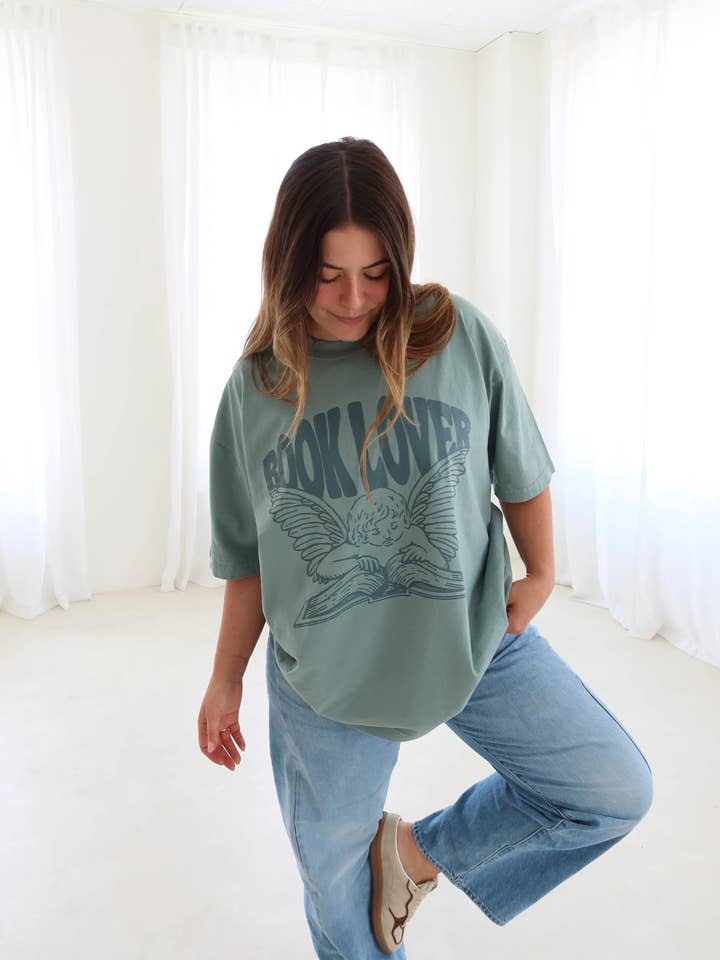 Book Lover 'Boxy' T-Shirt in Vintage Green for wholesale by Rebel and Fleur